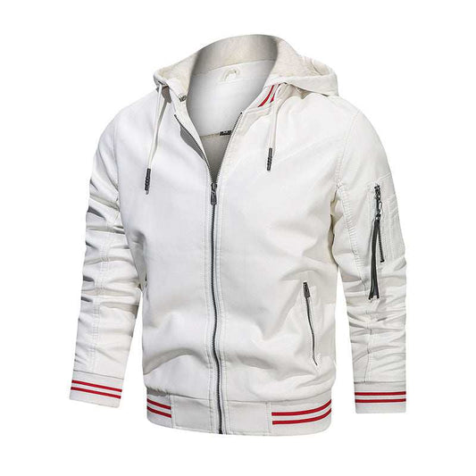 Men's white hooded leather jacket with multiple zippered pockets and red striped cuffs