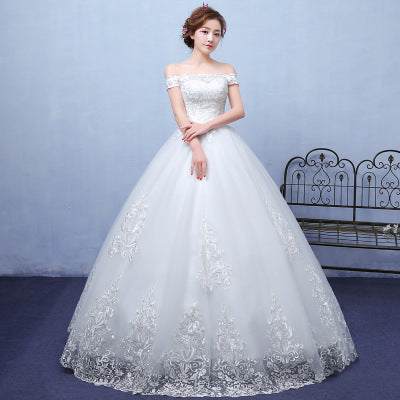 summer white off-shoulder lace wedding dress with A-line skirt for bride