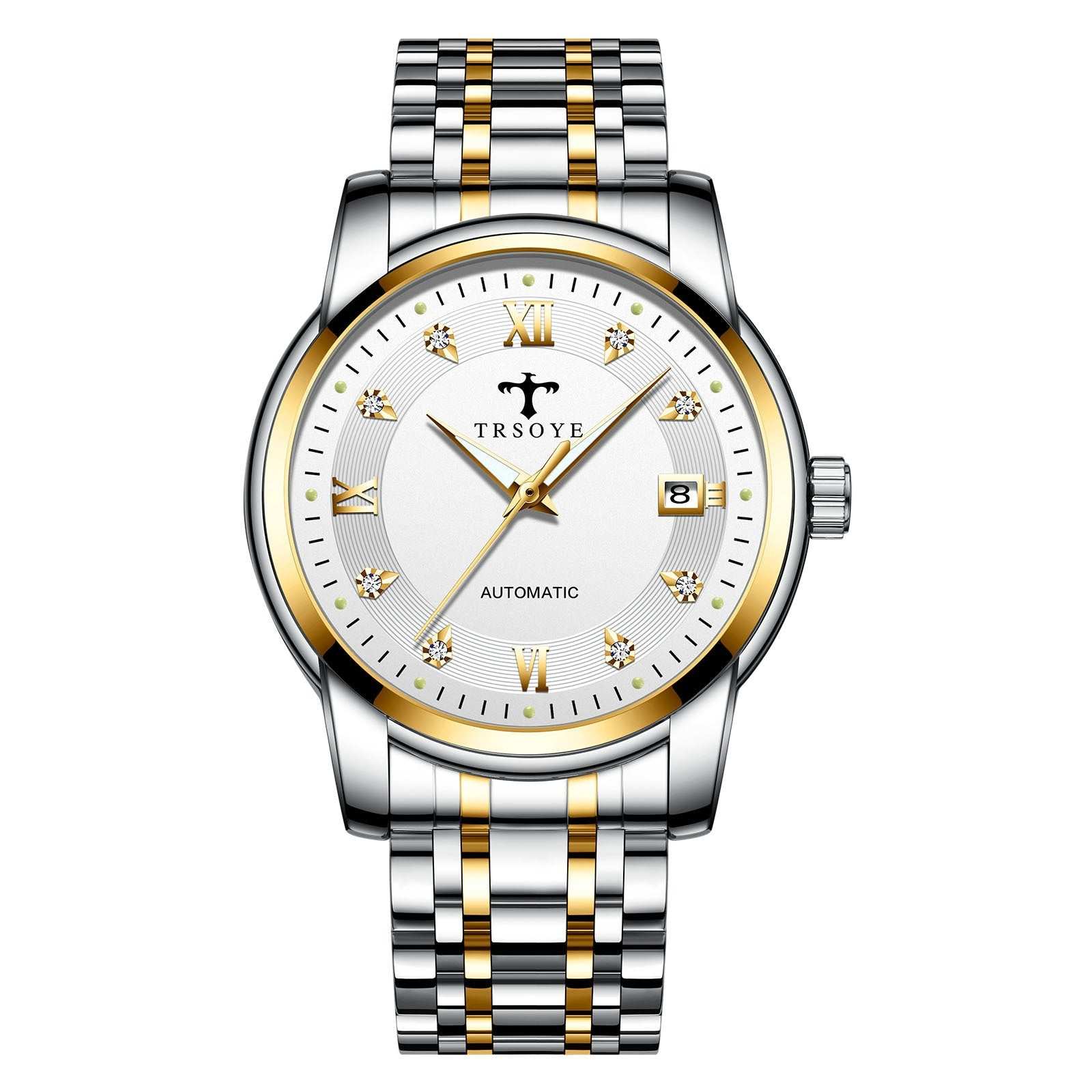 Waterproof automatic mechanical watch with silver and gold stainless steel band and white dial with date display