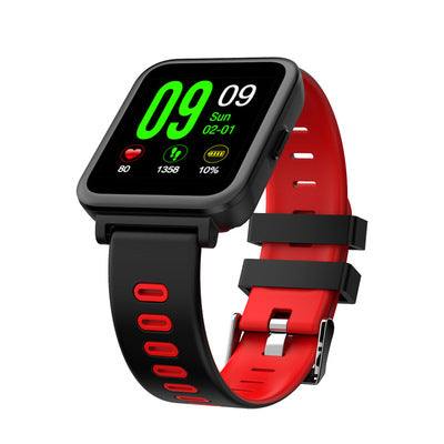 SN10 smart watch with heart rate monitor, red and black TPU wristband, 1.54-inch LCD touchscreen, Bluetooth call, and smart reminder functions