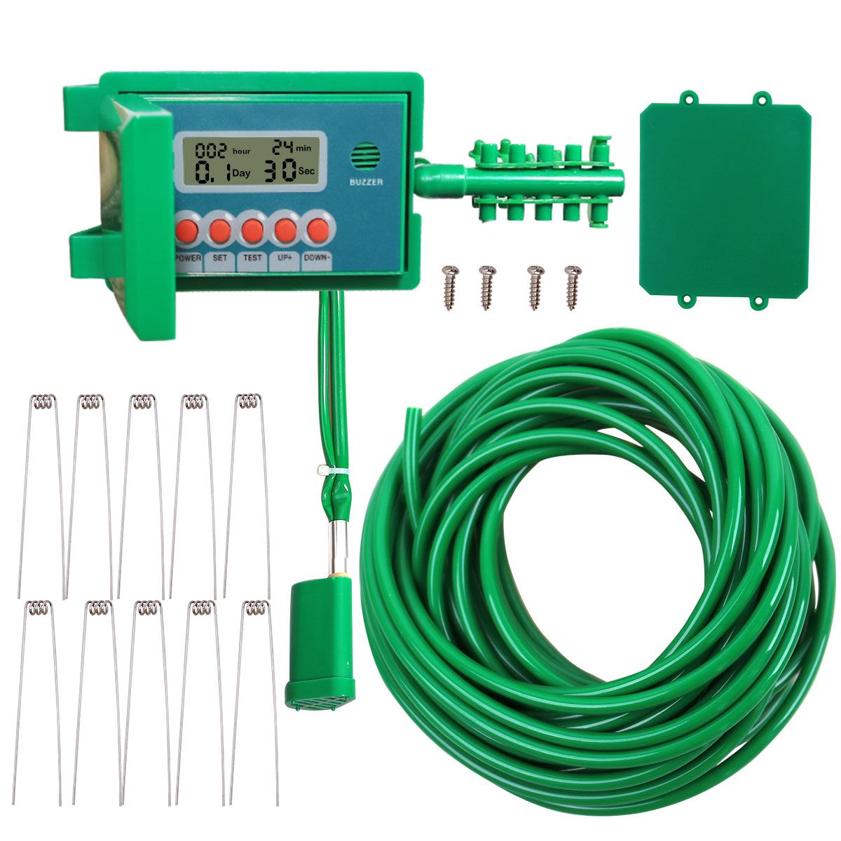 Micro home drip irrigation system with smart controller, green tubing, metal pegs, and screws for automatic garden watering
