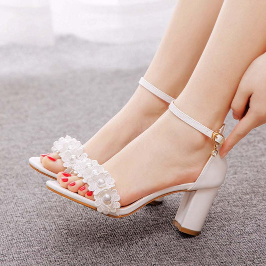 White women's one-strap high heel sandals with beaded flower decoration and ankle buckle strap