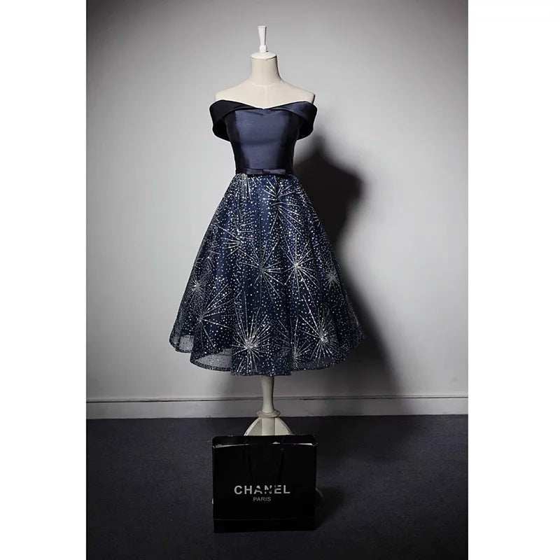 Navy blue summer fashion mid-length pettiskirt dress with off-shoulder straps and starry pattern skirt