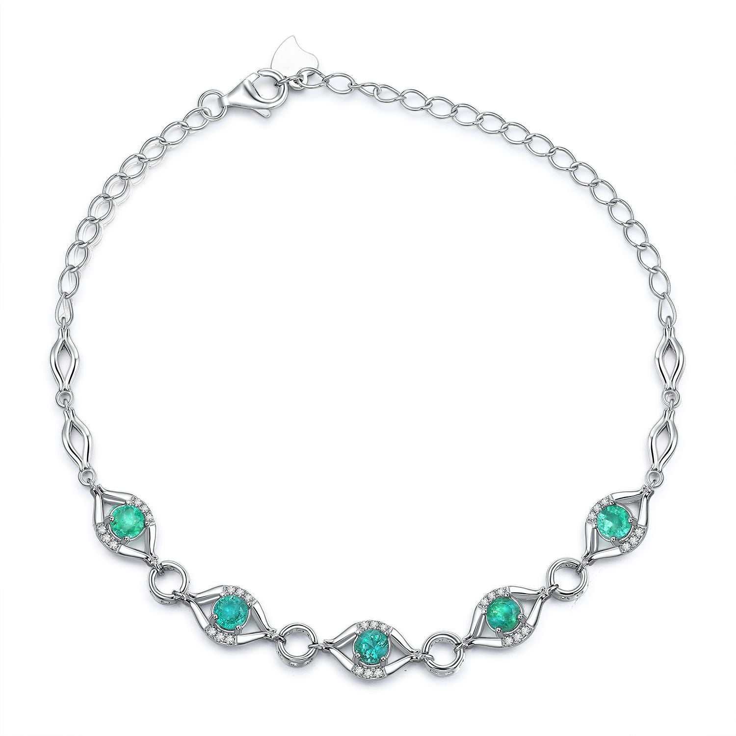 Natural emerald bracelet for women with S925 silver geometric design and platinum gold color, featuring five small emerald gemstones.