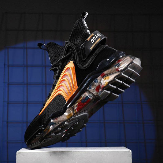 Black men's high top breathable casual shoes with thick rubber sole and orange detailing