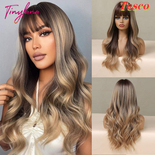 Women wear long wavy wigs with soft curls and subtle highlights, featuring an oblique fringe and easy-to-wear high temperature silk material.