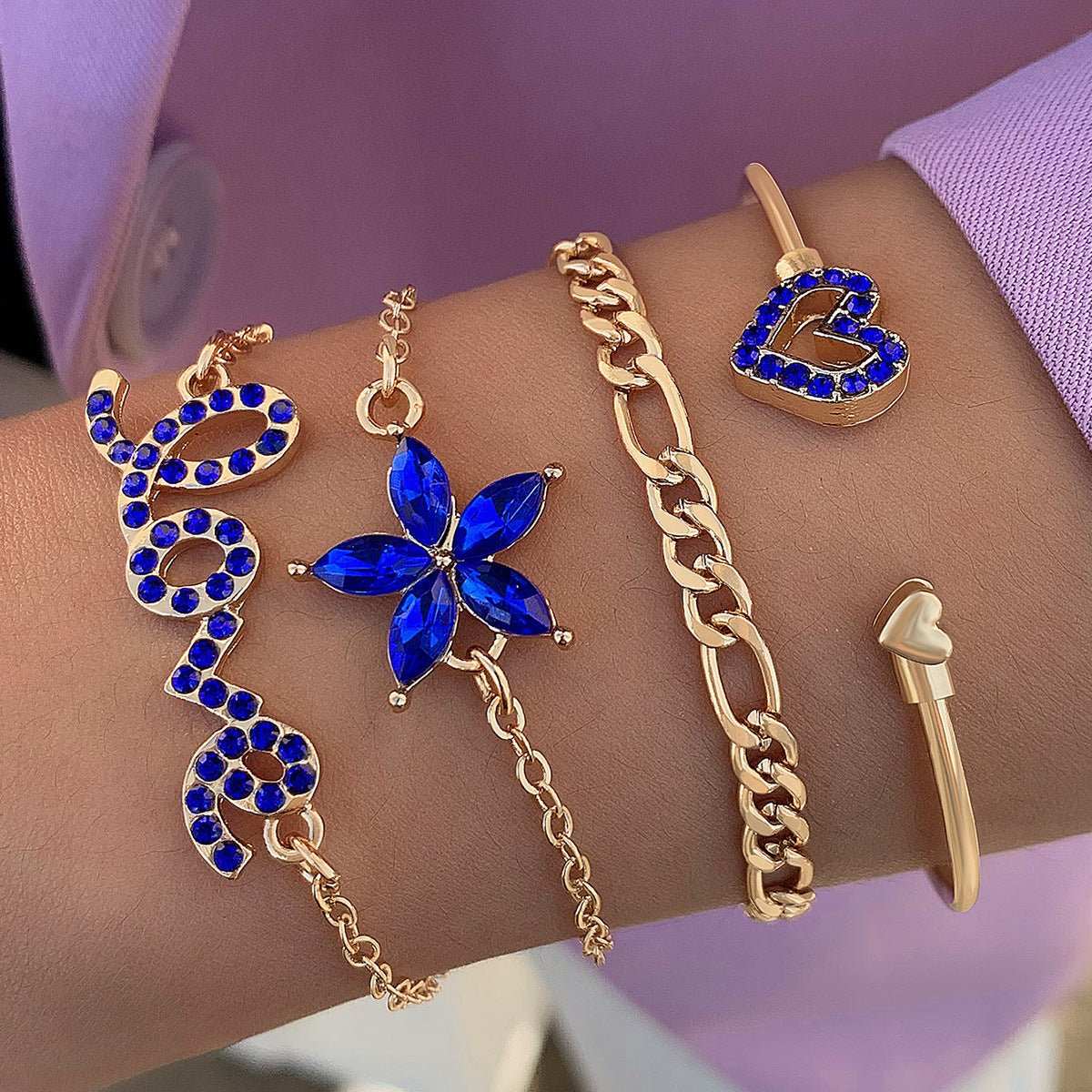 4pcs Blue Flower Love Butterfly Bracelet Set With Rhinestones Design Valentines Day - AMIR BAGS INDIA PRIVATE LIMITED