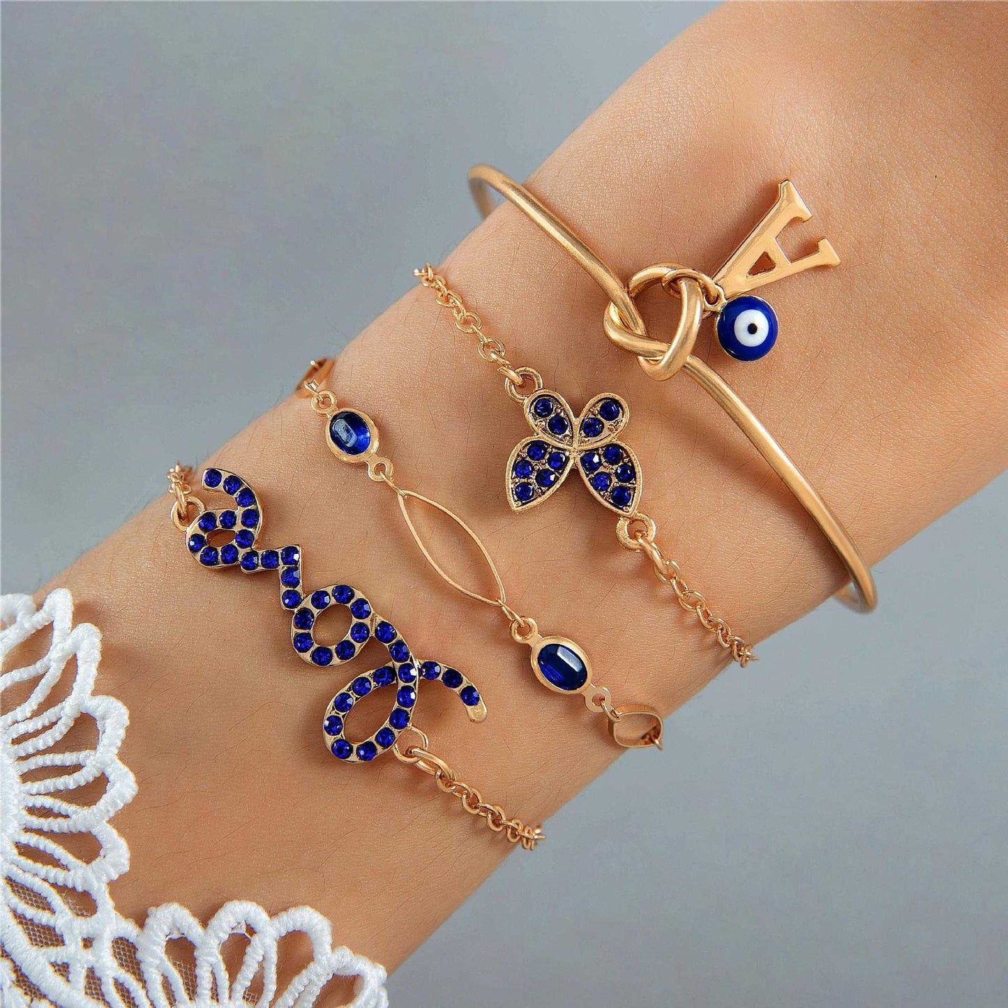 4pcs Blue Flower Love Butterfly Bracelet Set With Rhinestones Design Valentines Day - AMIR BAGS INDIA PRIVATE LIMITED