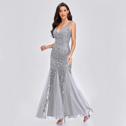 Elegant sleeveless silver embroidered sequin slim mermaid dress with V-neck and trailing hem