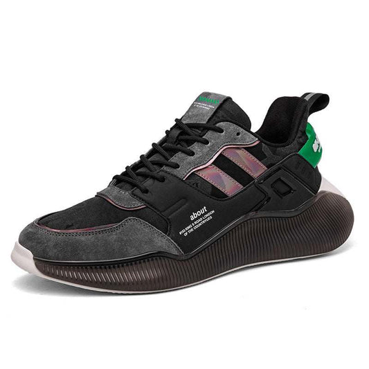 Men's outdoor platform low-top sports running shoe in black with green accent, lightweight and breathable design