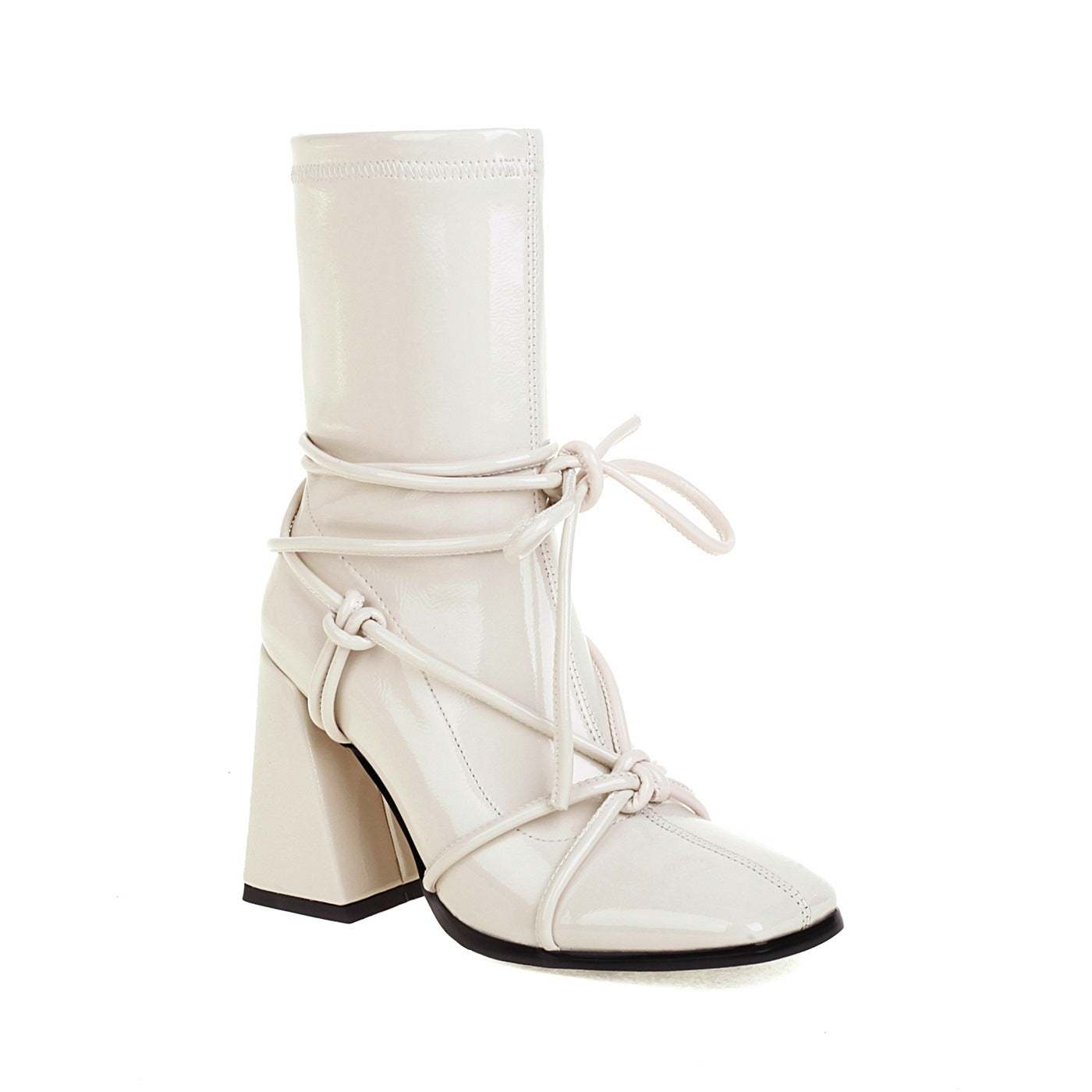 European and American lace-up thick high heel square toe women's ankle boot in milky white