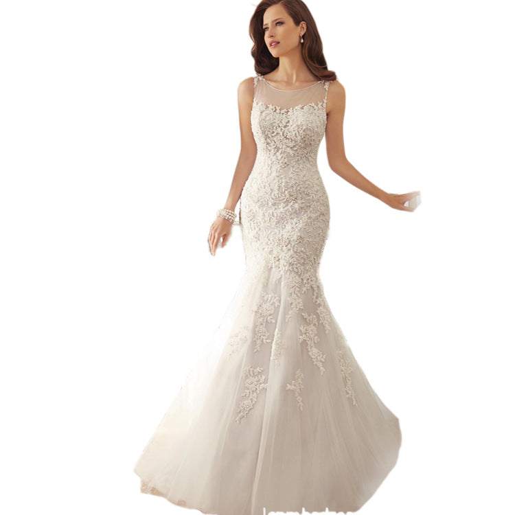 Fishtail slim wrapped sleeveless lace wedding dress with sheer neckline and long skirt