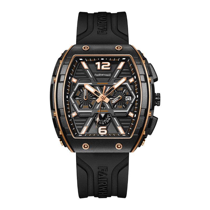 Men's multifunction quartz watch with black strap and luminous multifunction dial, casual style, 30m waterproof