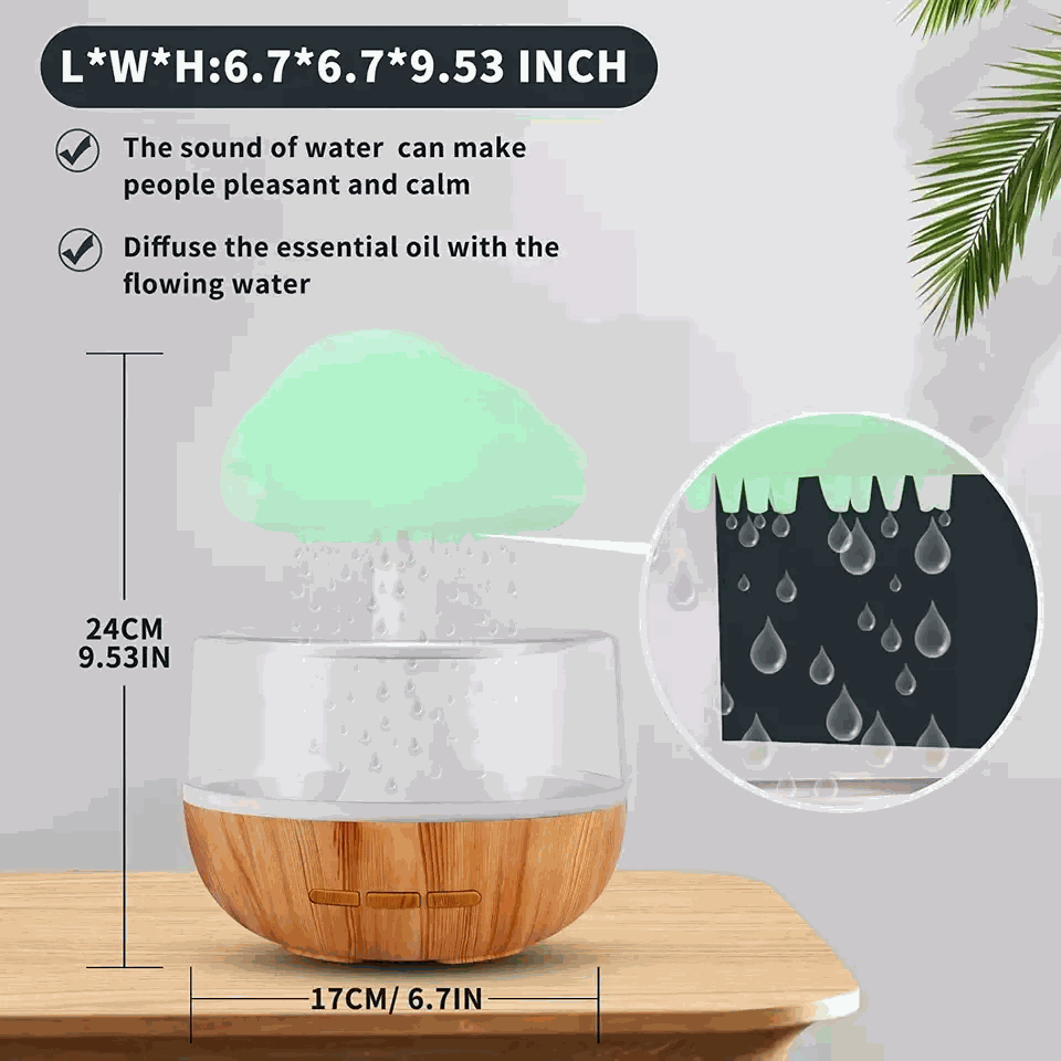 Raining Cloud Aroma Mushroom Lamp ultrasonic essential oil diffuser and humidifier with LED night light and wood base