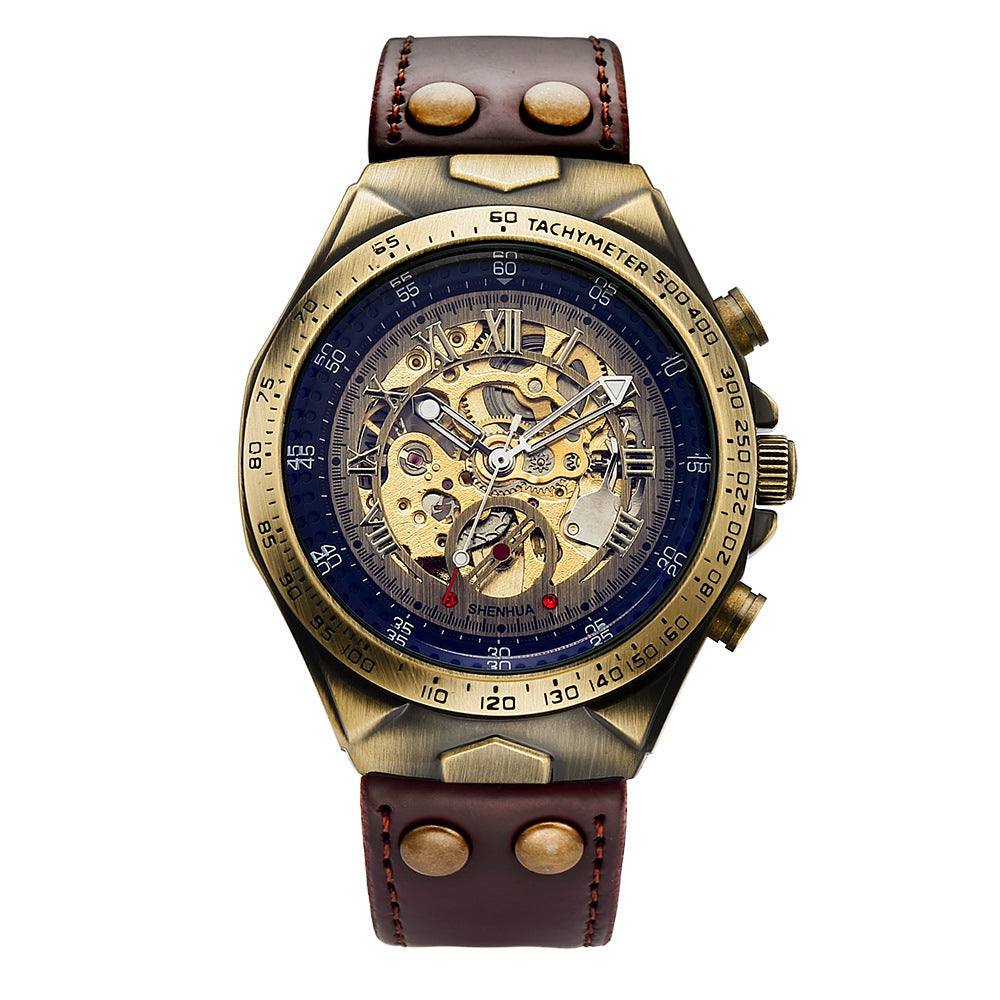 Men's fashion hollowed-out automatic mechanical watch with brown leather strap and gold-tone alloy case