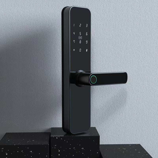 Black wooden door fingerprint lock with digital keypad and sleek handle design