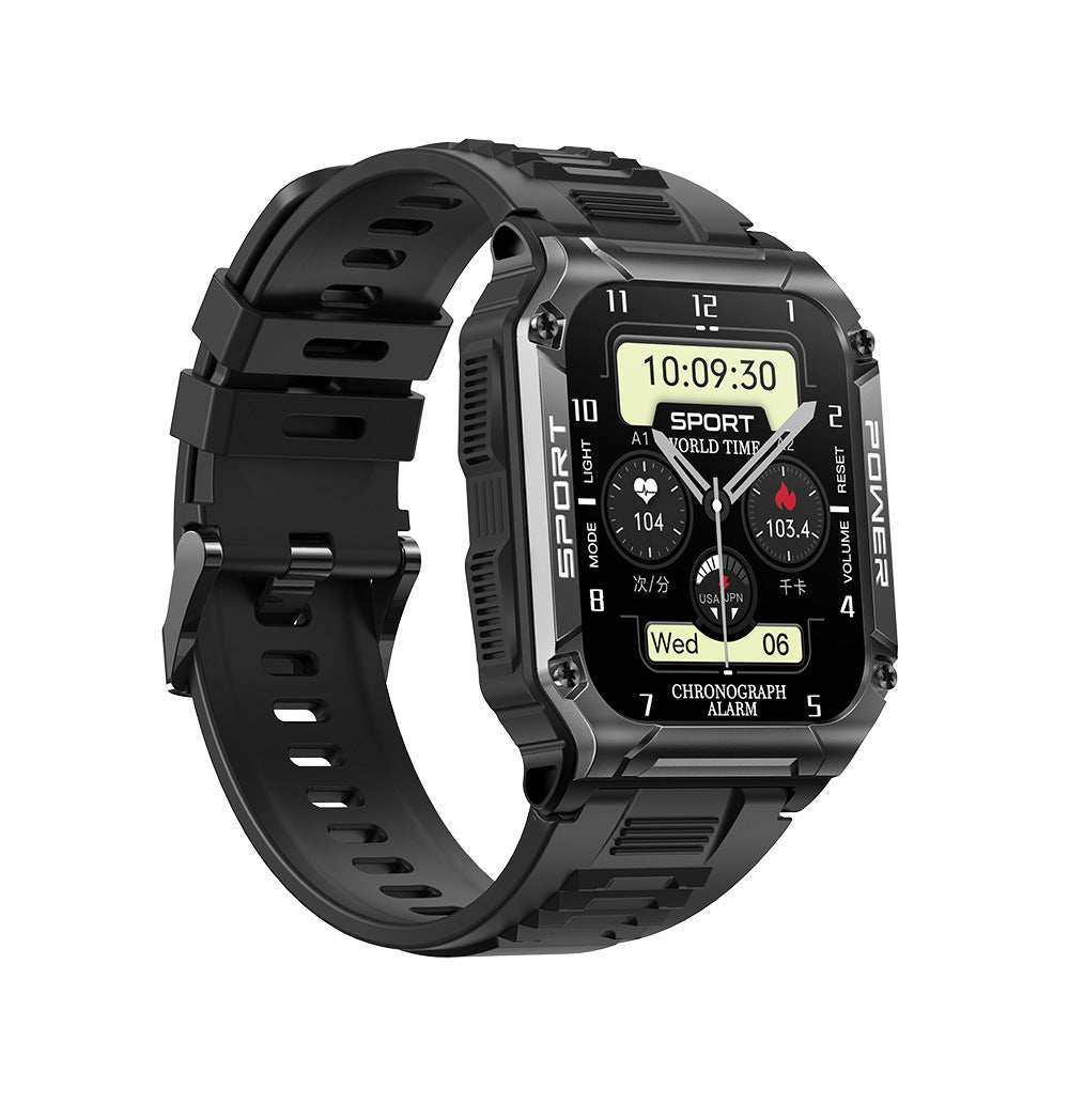 Black smartwatch with 1.95-inch screen, sport interface, and black adjustable strap