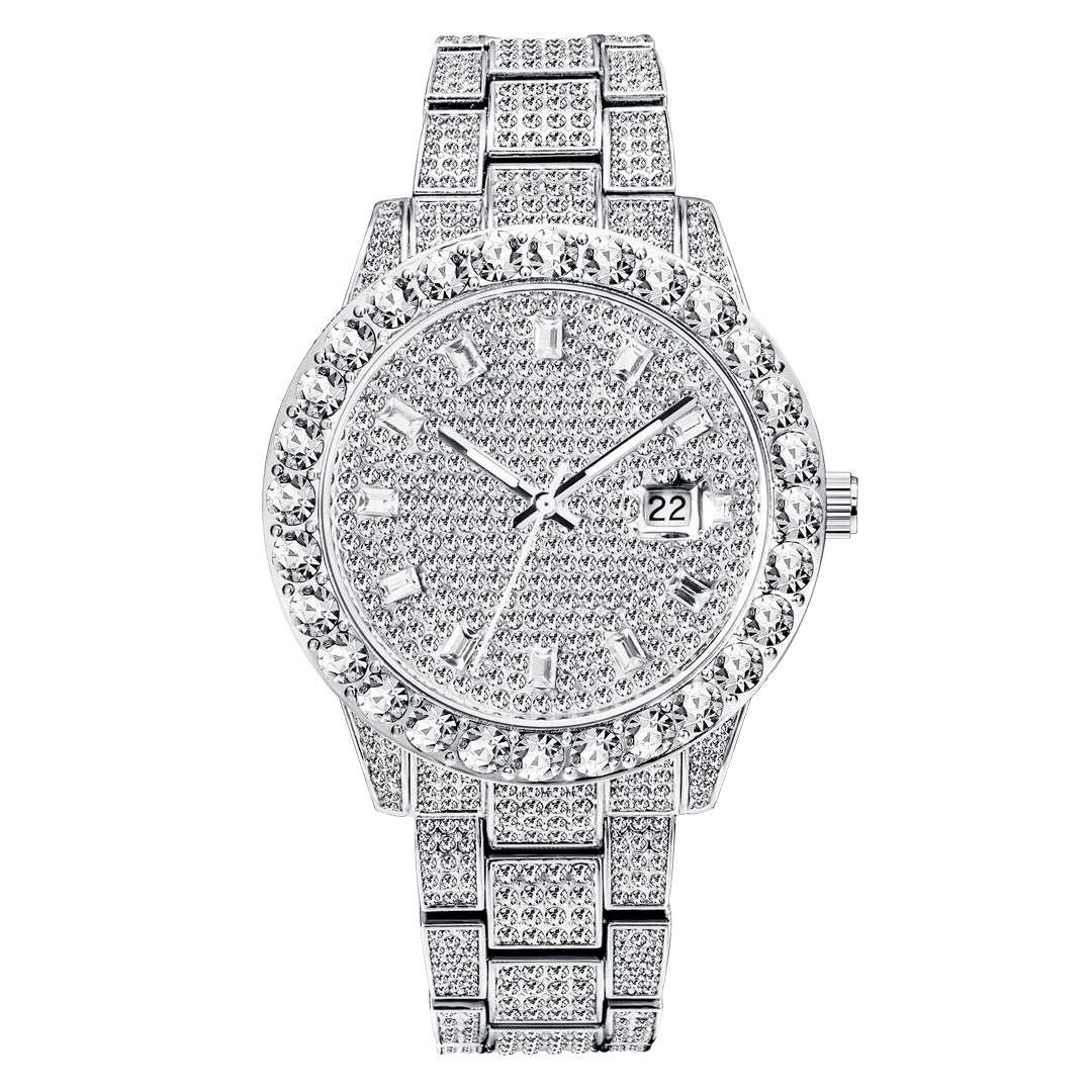 Silver large dial full diamond watch with round face and stainless steel band