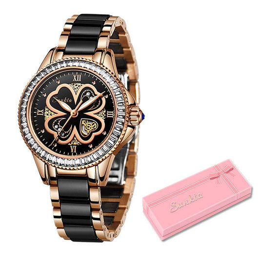 Elegant women's quartz watch with black and gold round dial and stainless steel strap, waterproof up to 30M, packaged with pink gift box
