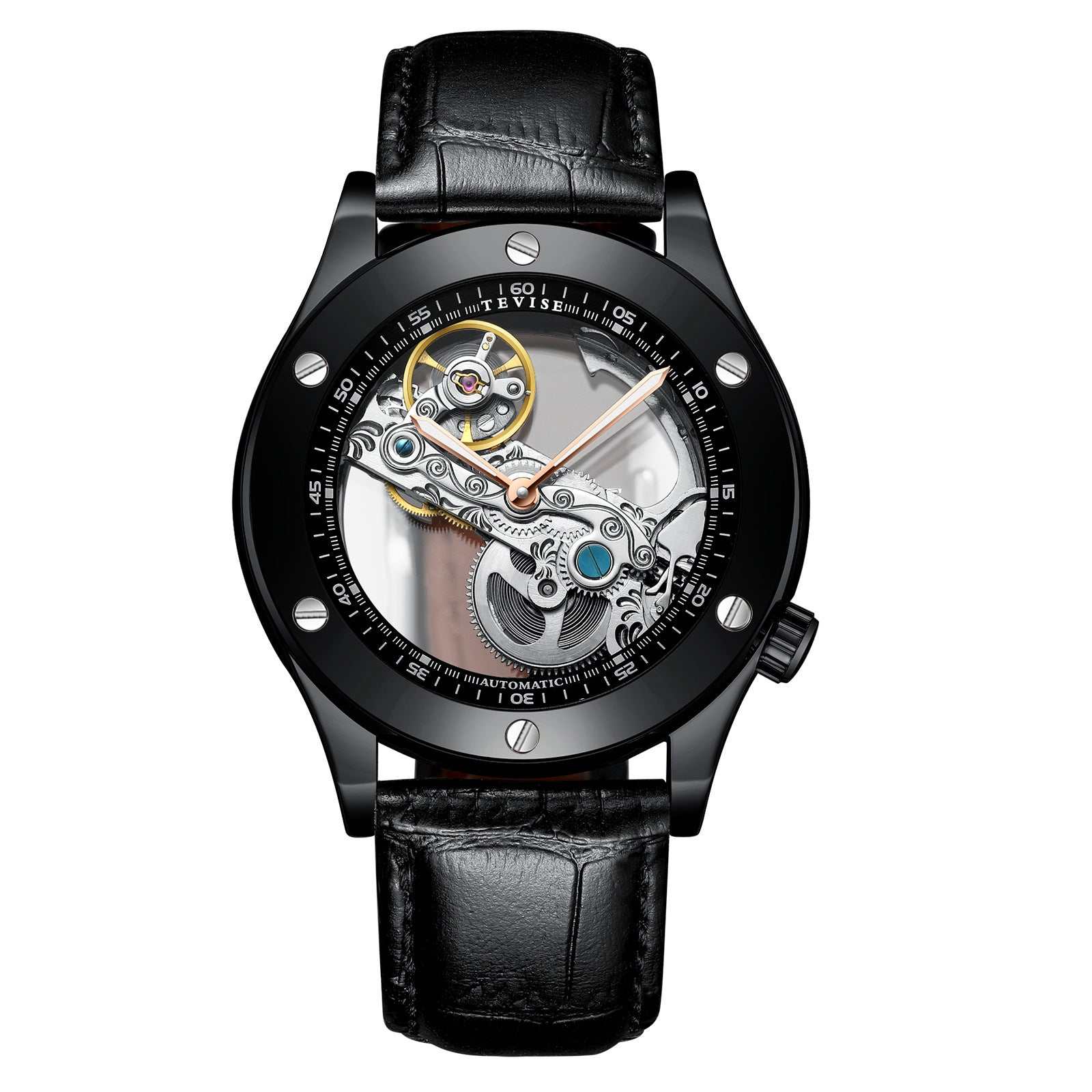 Men's waterproof luminous mechanical wristwatch with black leather band and round mineral glass dial