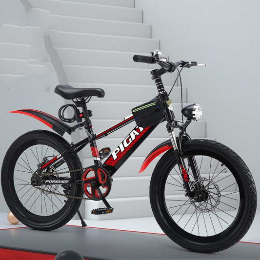 Children's single pupil shock absorbing mountain bike with variable speed and double disc brakes in black and red color