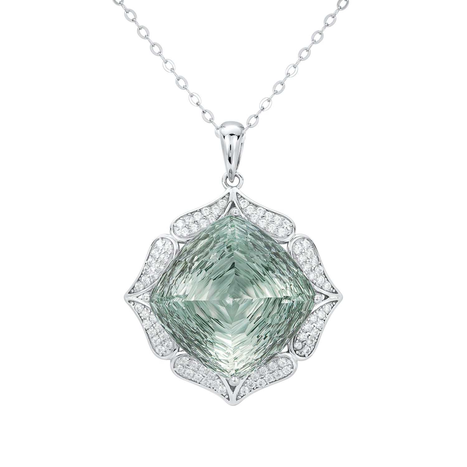 Luxury sweater chain with large natural green crystal pendant in S925 silver, geometric design, high-grade jewelry