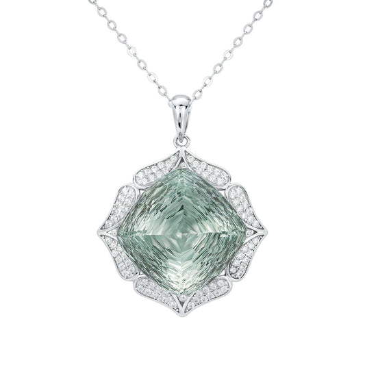 Luxury sweater chain with large natural green crystal pendant in S925 silver, geometric design, high-grade jewelry