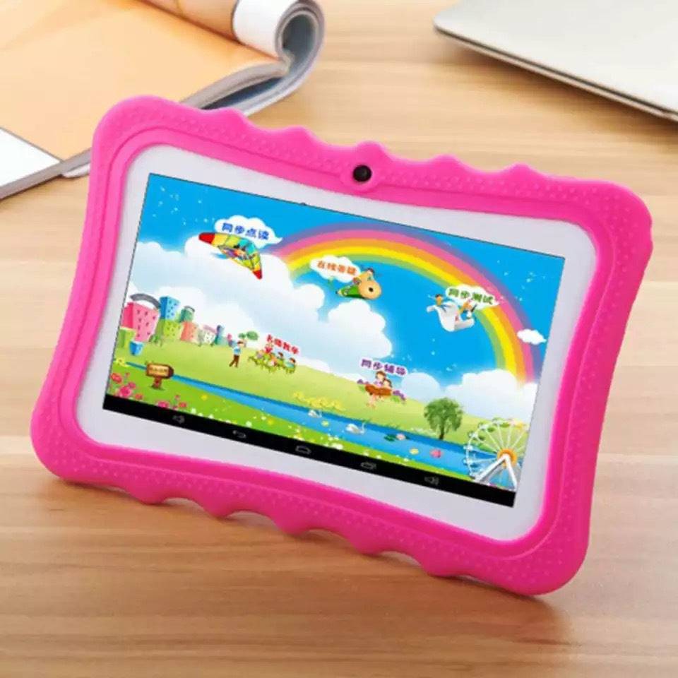 Children's tablet learning machine with 7-inch HD screen and pink protective case displaying colorful educational content.