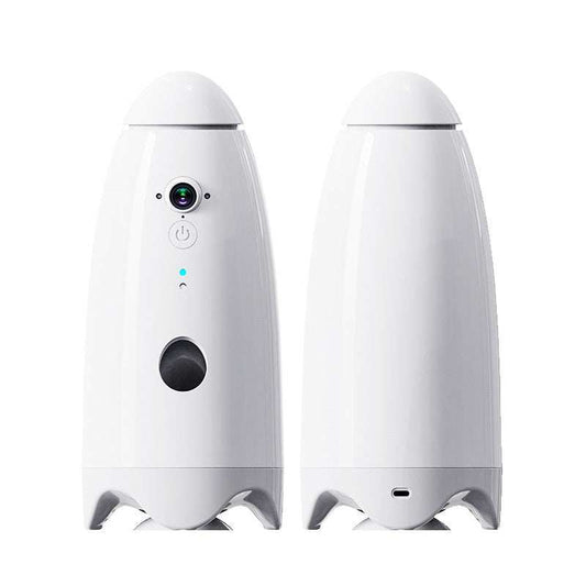 White pet smart feeding device for cats and dogs with USB charging and 1080p camera