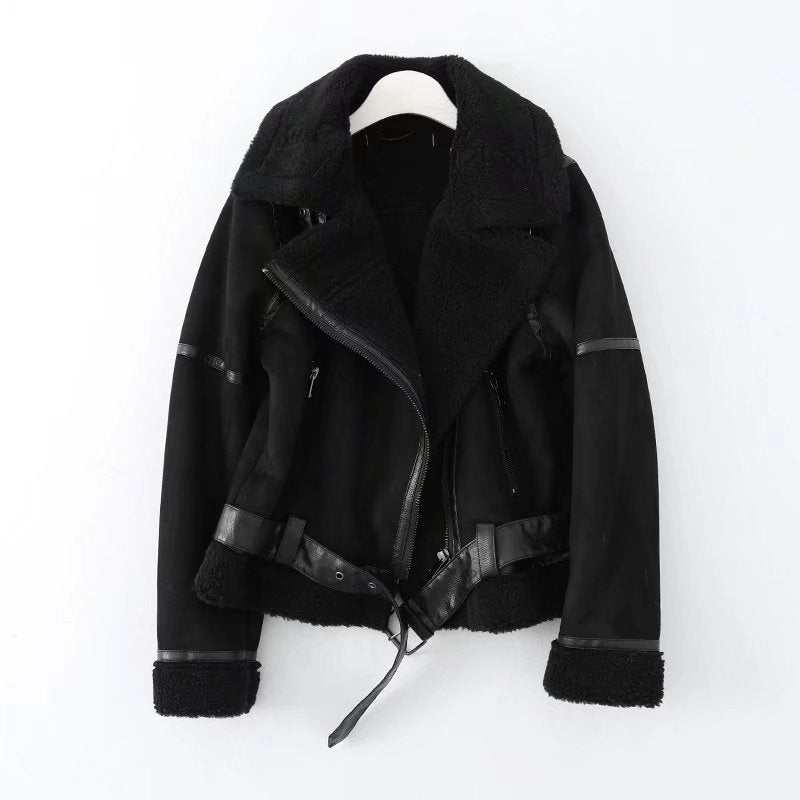 Black fleece autumn and winter suede fur motorcycle jacket with zipper and belt details