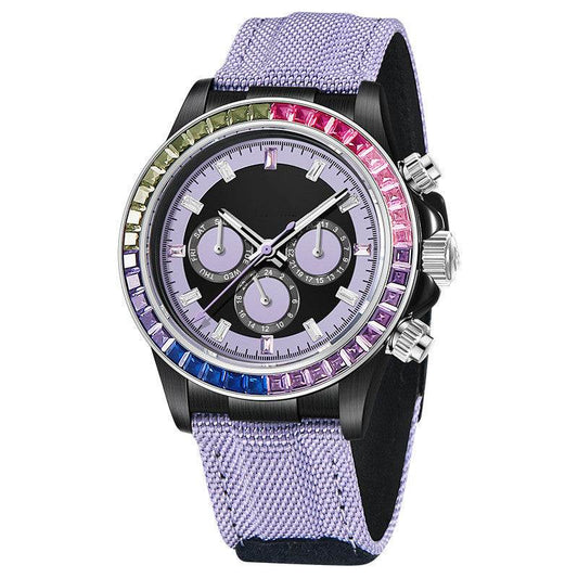 Men's fully automatic mechanical precision steel watch with multicolor bezel and lavender fabric strap