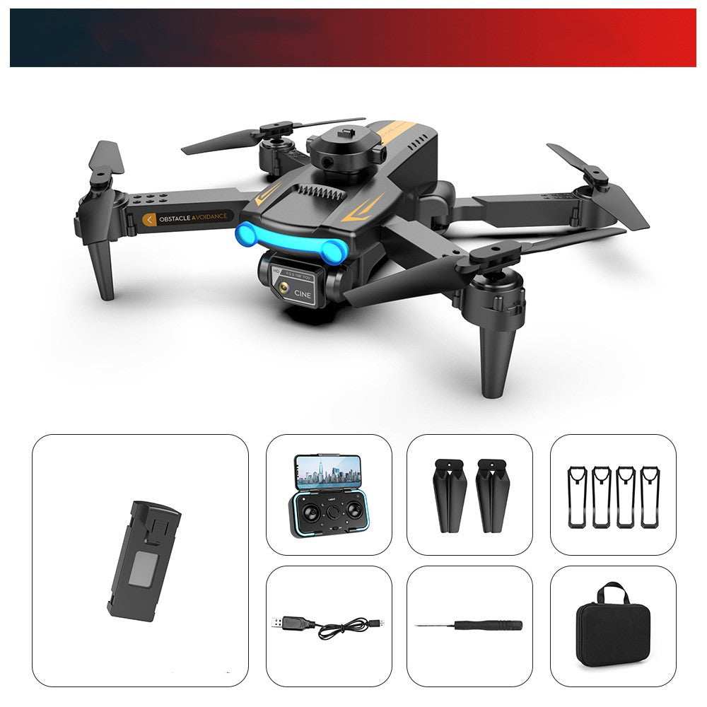 Black flying drone with dual-lens 4K camera and remote control including propellers, battery, USB cable, screwdriver, and carrying case