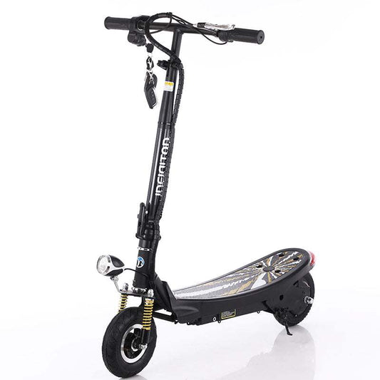 Black foldable lithium electric scooter with 24V battery and front suspension system