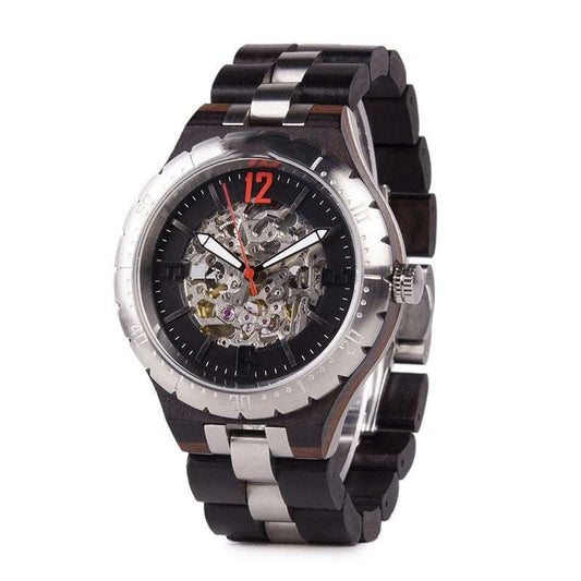 Wooden automatic mechanical men's watch with stainless steel accents and visible movement mechanism