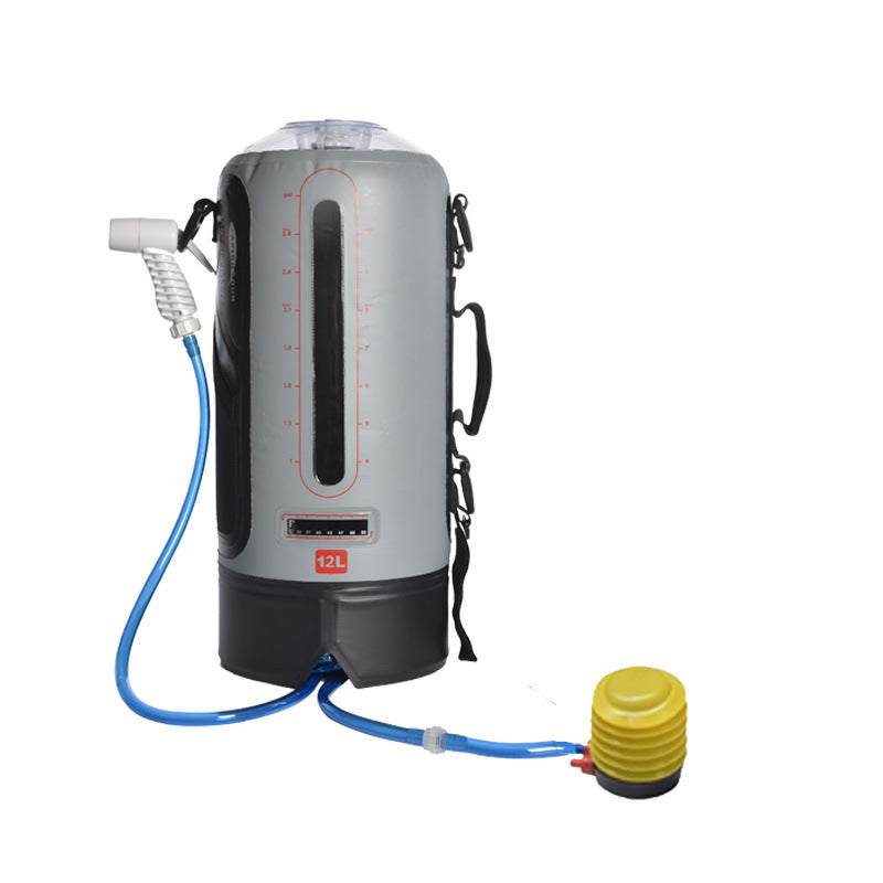 12L grey PVC outdoor solar shower bag with hose and foot pump for camping and mountaineering
