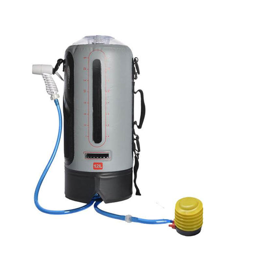 12L grey PVC outdoor solar shower bag with hose and foot pump for camping and mountaineering