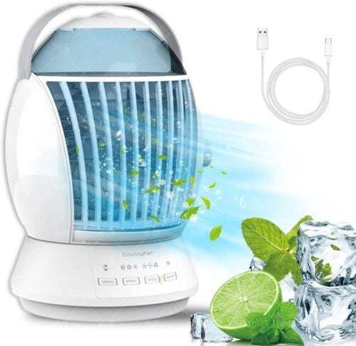 Fog Fan Desktop air cooler with USB power, compact design, and mist cooling with adjustable fan speed and oscillation features