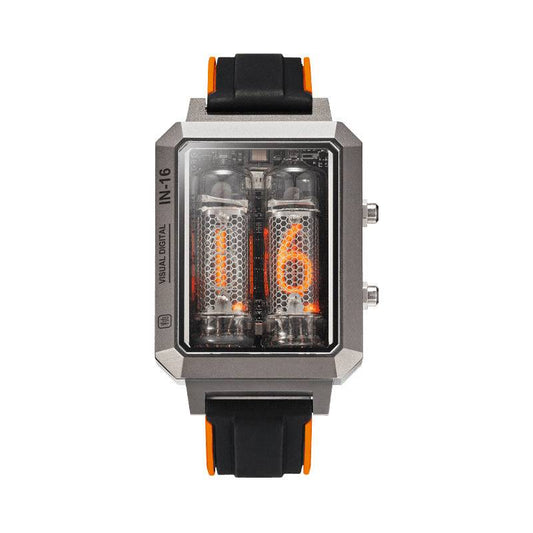 Glow Tube Fashion wireless charging watch with digital light wave display, sapphire crystal glass, alloy case, and black PU strap with orange accents