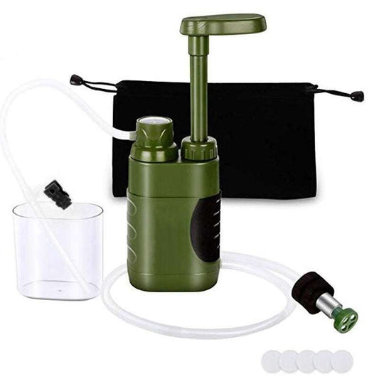 Portable outdoor personal water purifier with hand pump, clear tubing, and black carrying pouch for camping and survival drinking water filtration