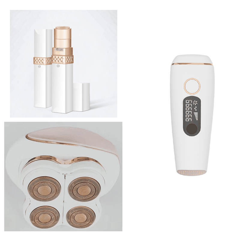 Bundled products including a white and gold lipstick device, a white and gold electric shaver, and a white handheld IPL hair removal device with digital display