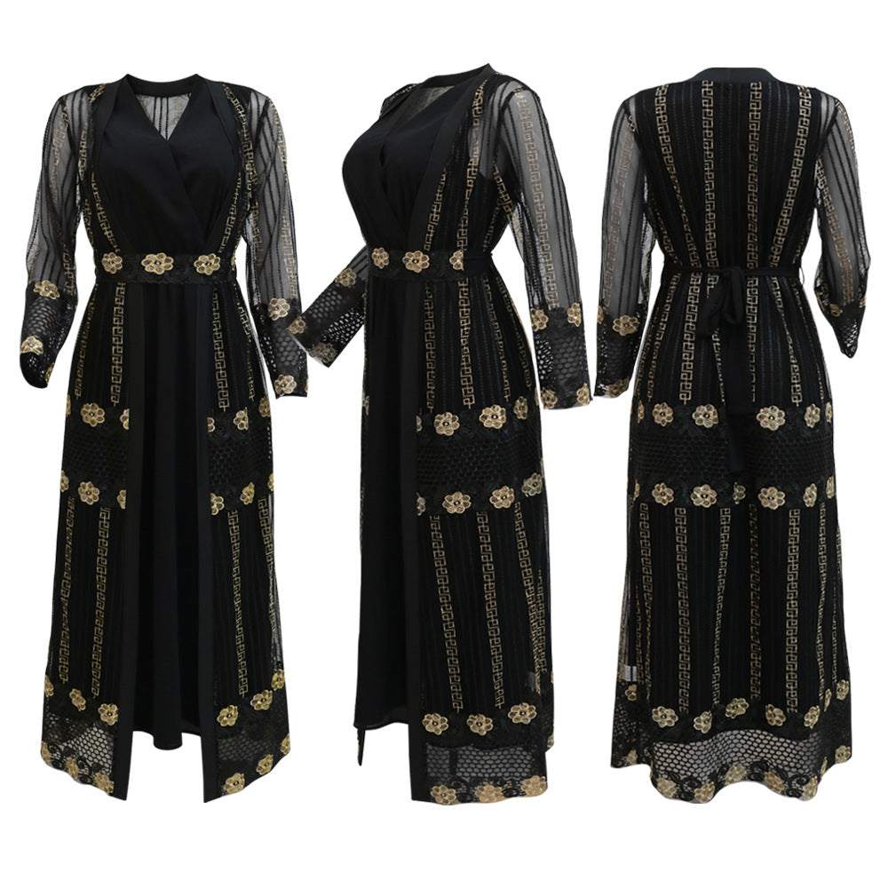 Black long sleeve embroidered chiffon vest dress with floral patterns and coat set