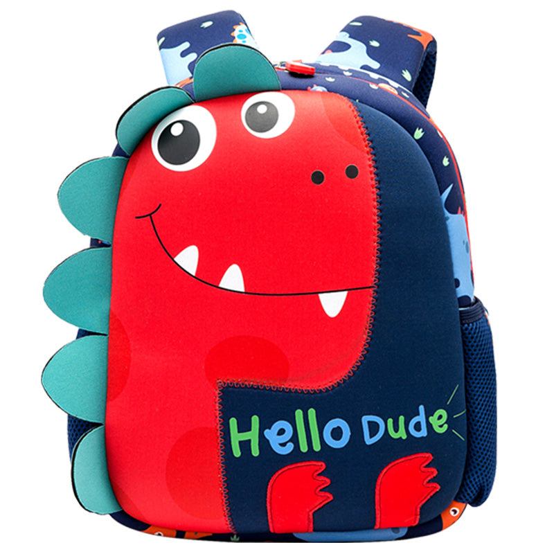 Cartoon cute children dinosaur kindergarten school bag in red and blue SBR fabric with playful design and "Hello Dude" text.