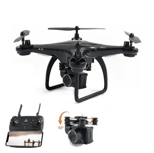 Black 5G image transmission drone with camera, remote control, and 90-degree adjustable lens for aerial photography.