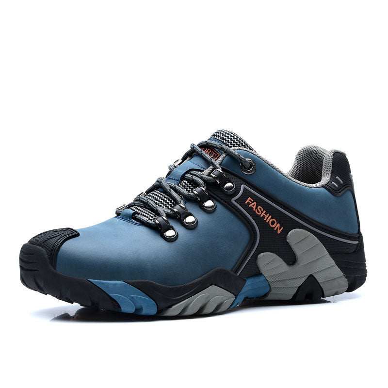 Blue non-slip, wear-resistant hiking shoe with rugged sole and lace-up design