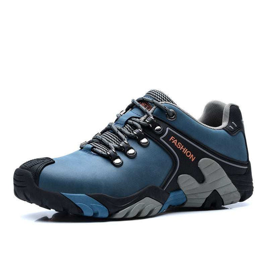 Blue non-slip, wear-resistant hiking shoe with rugged sole and lace-up design