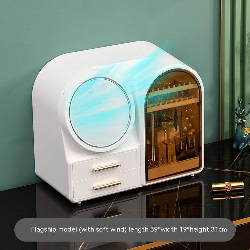 Modern milky white lipstick and skin care products storage rack with drawers and soft wind fan function