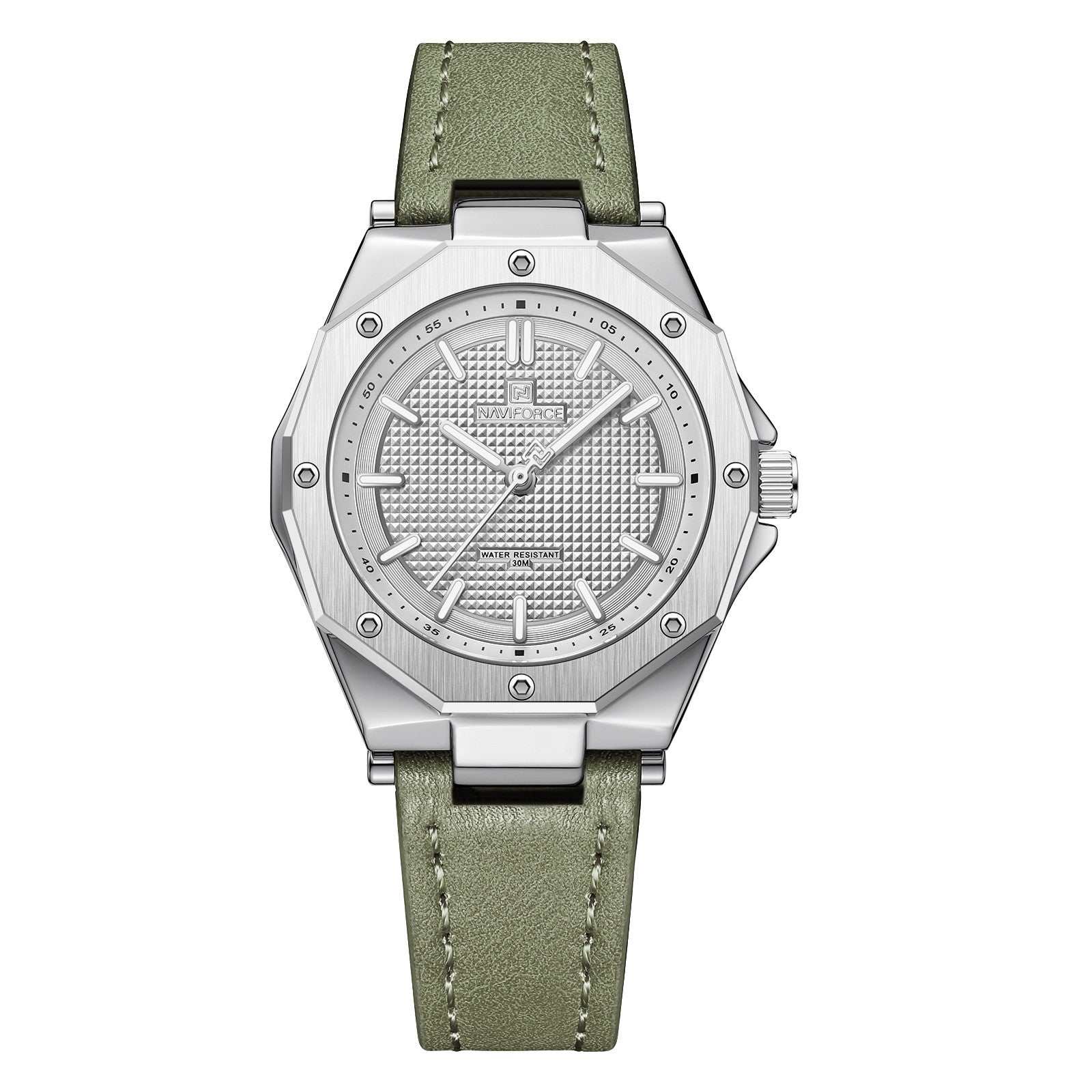 Luxury women's fashion watch with silver dial and green artificial leather band