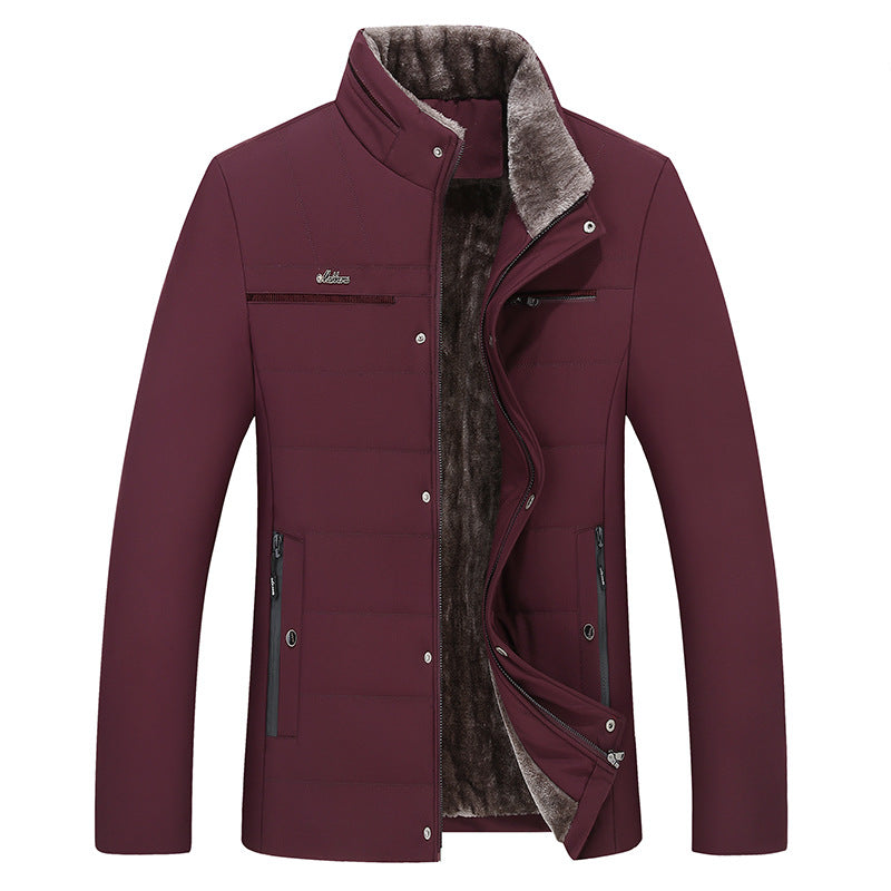 Plus velvet thickened cotton casual jacket for elderly in wine red with zipper and plush interior lining