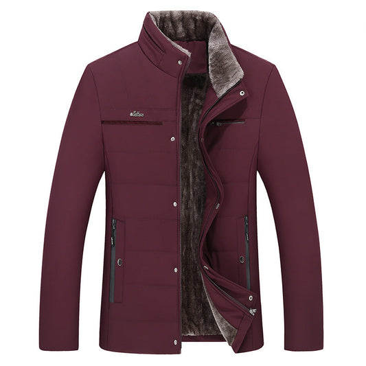 Plus velvet thickened cotton casual jacket for elderly in wine red with zipper and plush interior lining
