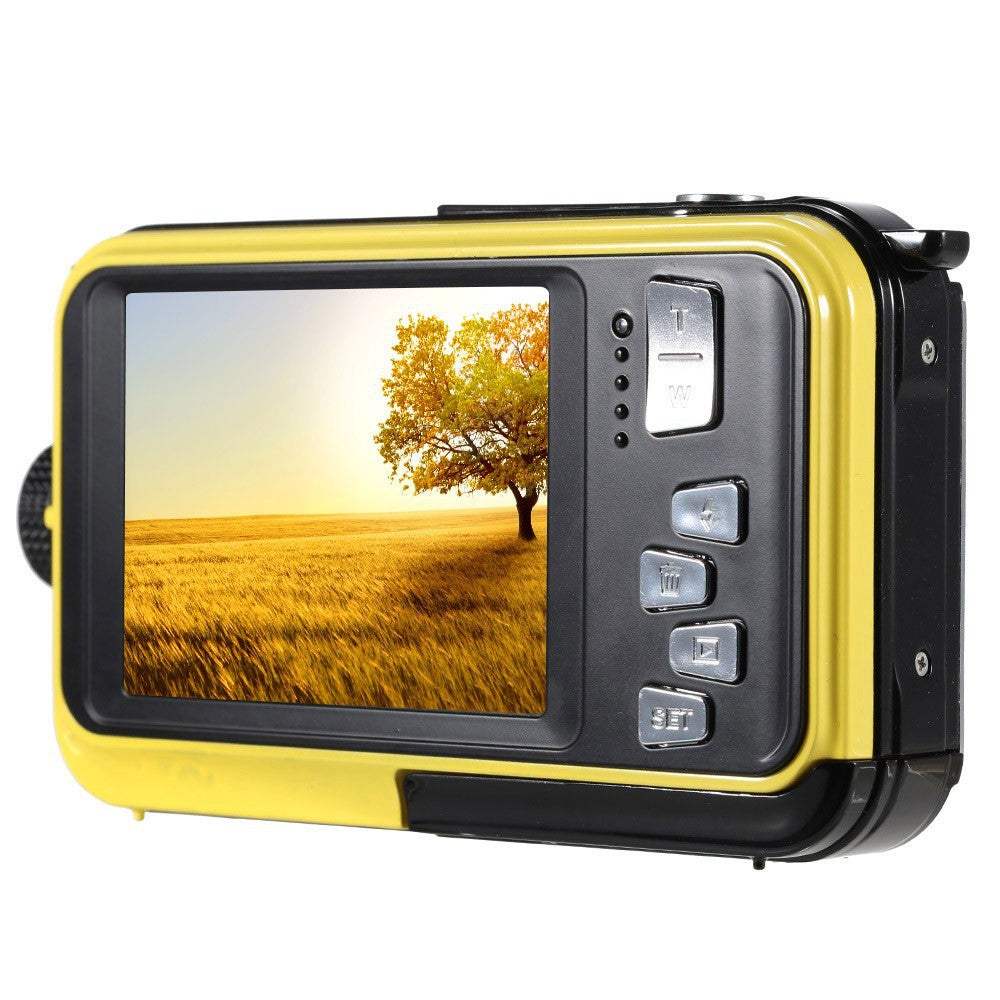 Dual-screen waterproof HD digital camera with 2.7-inch display and 5 million pixel sensor in yellow casing